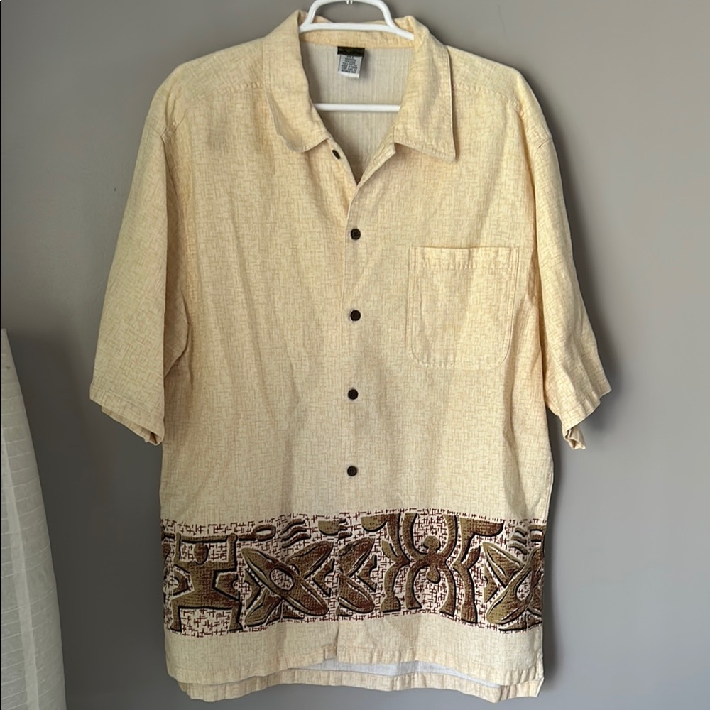 TEVA Men’s Hawaiian Tribal Tan Short Sleeve Button Down